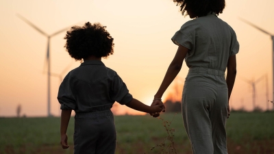 Two people holding hands at sunset looking at windmills.