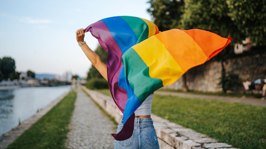 A person holding a flag in pride colors.